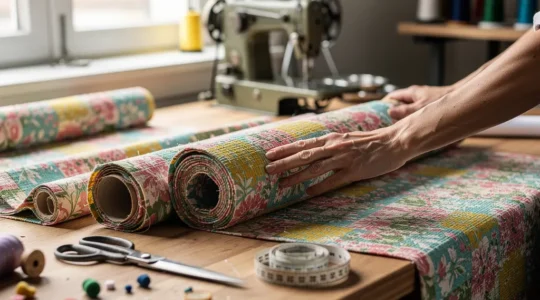 Rouleaux de tissus imprimés floraux colorés sur table de coupe dans un atelier couture lumineux