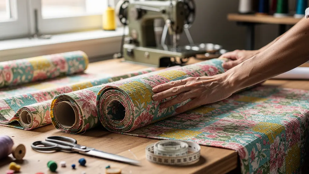 Rouleaux de tissus imprimés floraux colorés sur table de coupe dans un atelier couture lumineux